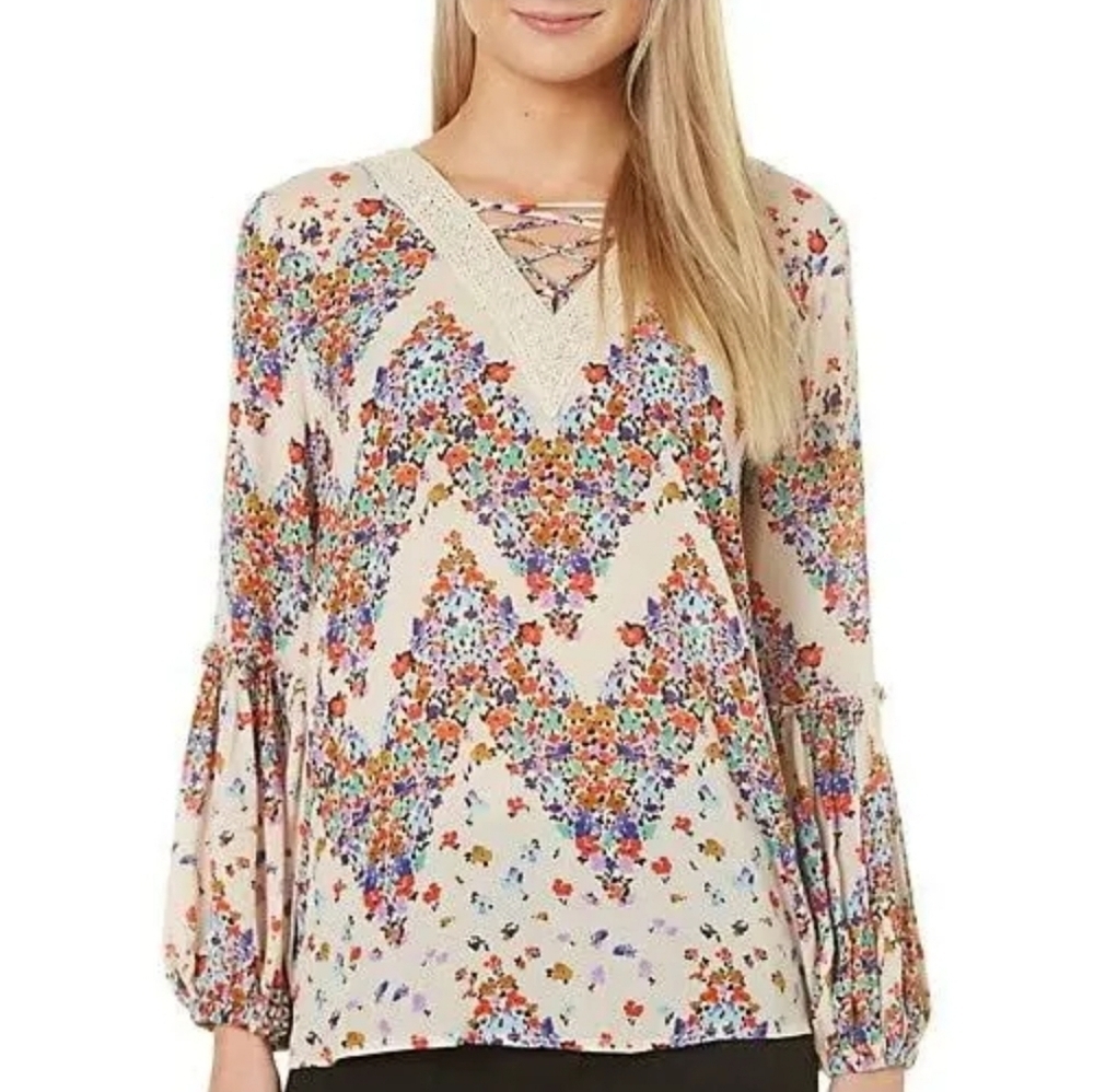 Democracy Micro Floral Embroidered V Neck Balloon Sleeve Blouse Women's Medium - Picture 4 of 9